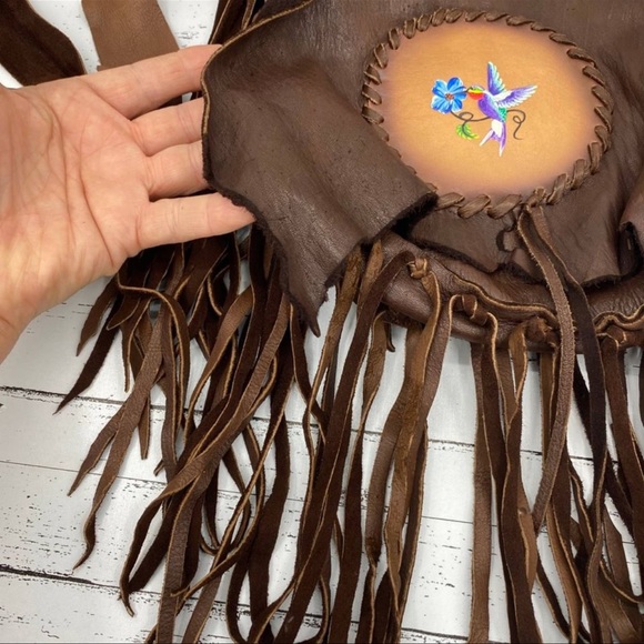 Signed Handcrafted native american leather fringe bag painted hummingbird OOaK - Picture 11 of 12